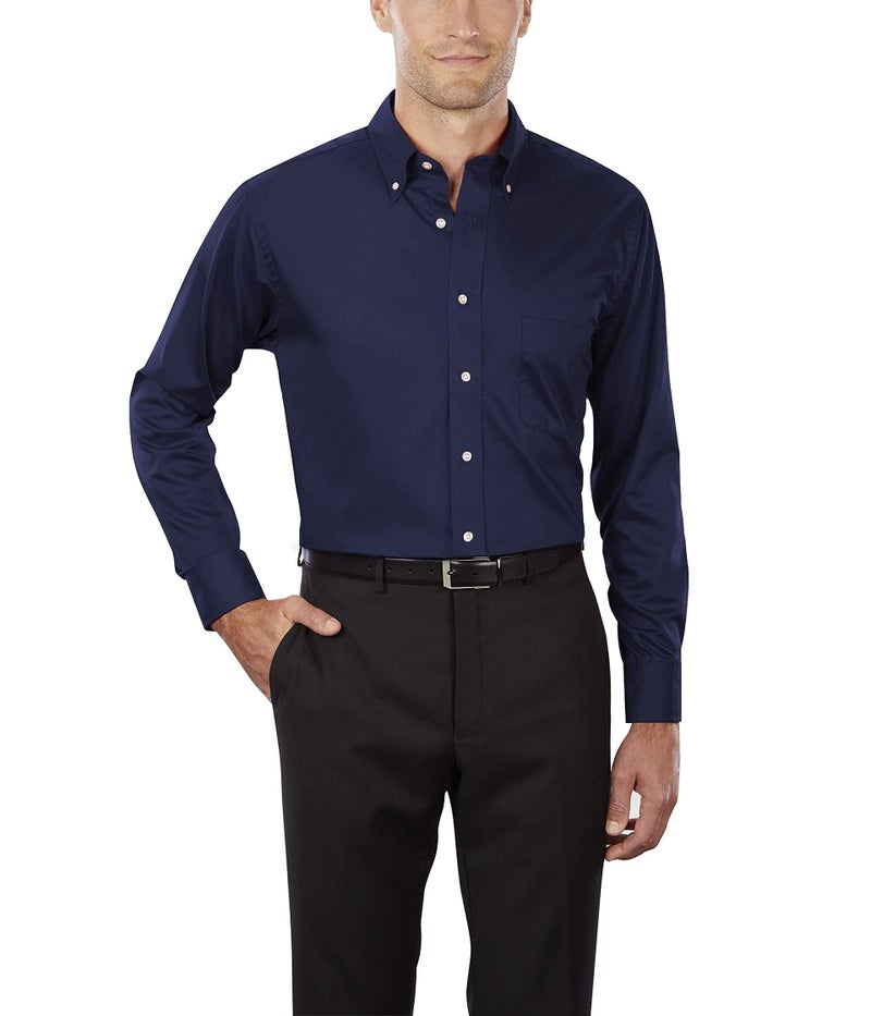 Van Heusen mens Regular Fit Twill Solid Button Down Collar Dress Shirt, Navy, Large US - Image 1